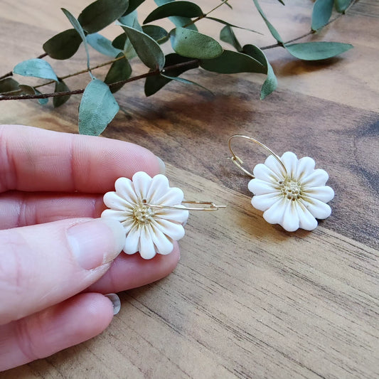 Blythe – Ohrringe aus Polymer Clay mit Blütenmotiv in Weiß und Gold, Produktfoto 2