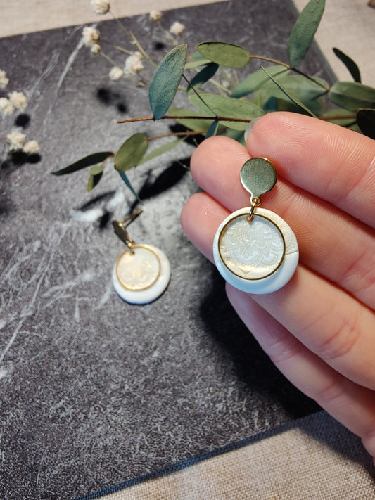 Mirella – Ohrringe aus Polymer Clay mit Mandala-Prägung in Weiß und Gold, Produktfoto 2