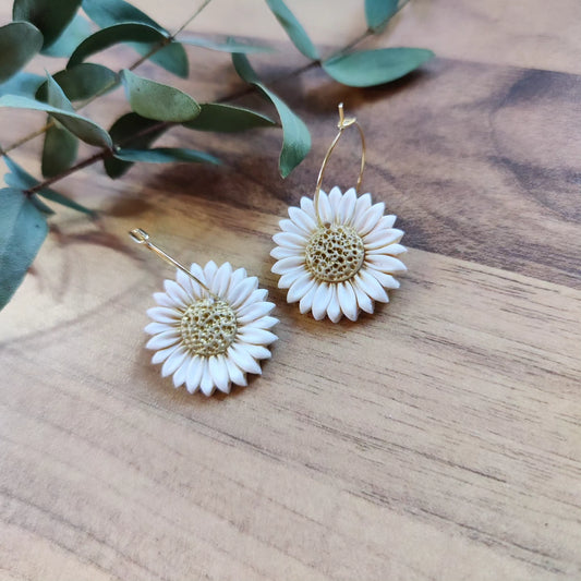 Bianca – Ohrringe aus Polymer Clay mit Margeritenmotiv in Weiß und Gold, Produktfoto 2