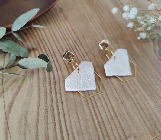 Magaretha – Ohrringe aus Polymer Clay mit geometrischem Design in Weiß, Produktfoto 2